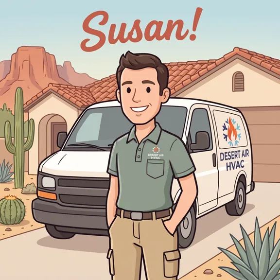Personalized photo of your technician with the company van, greeting Susan